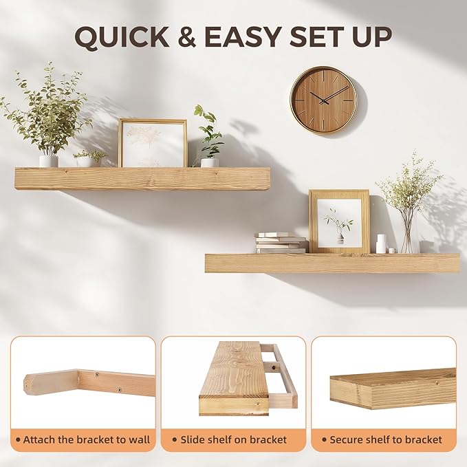 36x6.8x2 Inch Rustic Floating Shelves for Wall Set of 2 - Oak Solid Wood Wall Mounted Shelves with Invisible Bracket, Extended Design for Farmhouse Living Room Bedroom Kitchen Decor