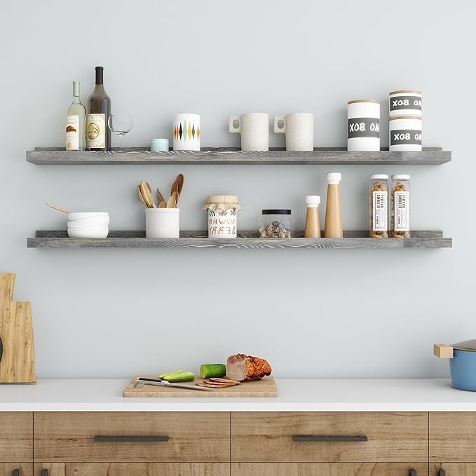 48 Inches Long Floating Shelves for Wall, Solid Pine Wood Picture Ledge Shelves, Wall Shelves with Lips, Nursery Book Shelves for Toys Storage Living Room Bedroom Photo Frames (2 Pcs, Grey)