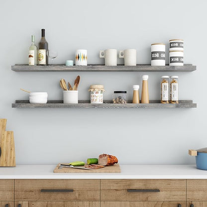 48 Inches Long Floating Shelves for Wall, Solid Pine Wood Picture Ledge Shelves, Wall Shelves with Lips, Nursery Book Shelves for Toys Storage Living Room Bedroom Photo Frames (2 Pcs, Grey)