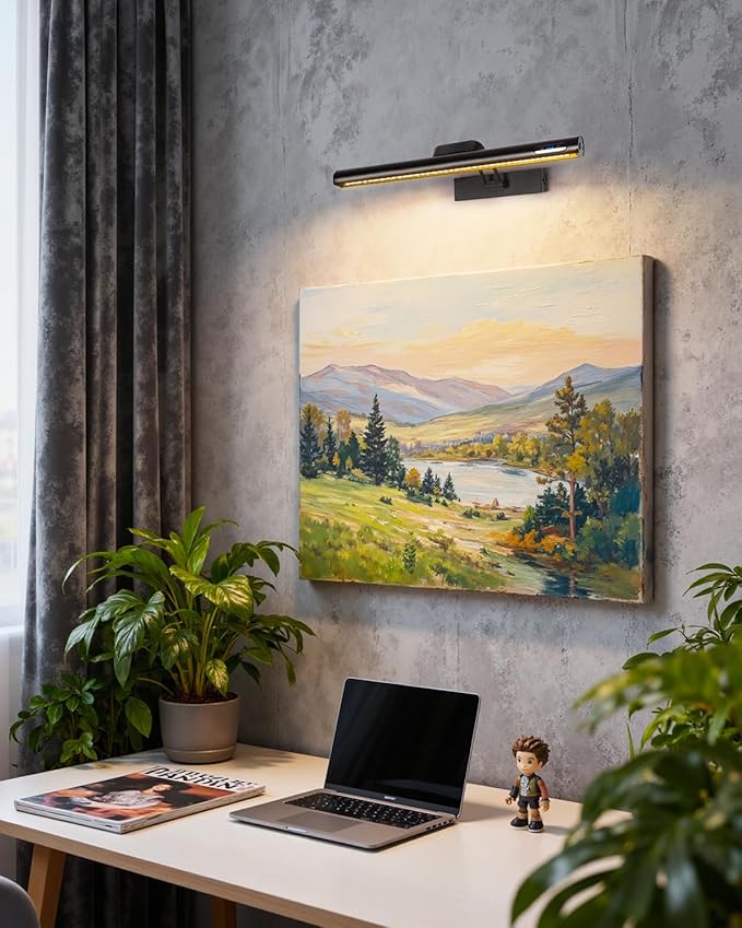 Magnetic Cordless Picture Light with Remote/Touch Control & Timer, 3CCT Dimmable, Angle Adjustable 16in Metal Wall Lights with 5000mAh Battery for Artwork, Painting, Portrait,Gallery,Photo,Black 2Pack