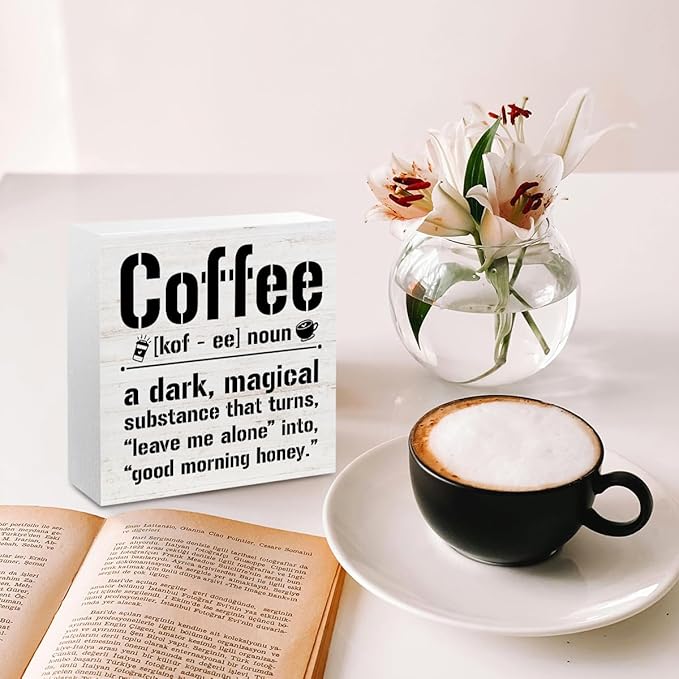 Coffee Bar Accessories Wood Box Sign Desk Decor, Farmhouse Coffee Bar Decor Funny Coffees Definition Wooden Box Desk Decorative Signs for Home Farmhouse Table Shelf Cubicle