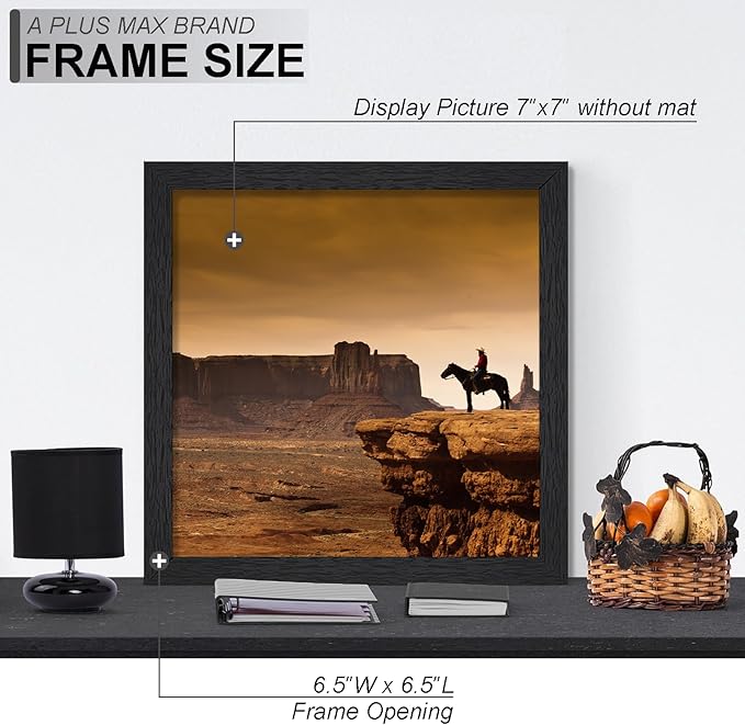 A PLUS MAX 7x7 Picture Frame Set of 2, Black Engineered Wood Frame for 7 x 7 Inch Picture Poster Photo, Light Weight 7 by 7 Frame with Wood-grain for Wall - 2 Pack/Black/7"x7"