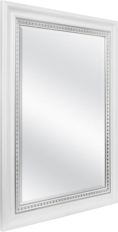 MCS 16x20 Large Wall Mirror, White Woodgrained Frame with Silver Embossed Detail & Beveled Detail Mirror, Vertical & Horizontal Wall Hanging Mirror for Bathroom, Bedroom & Livingroom