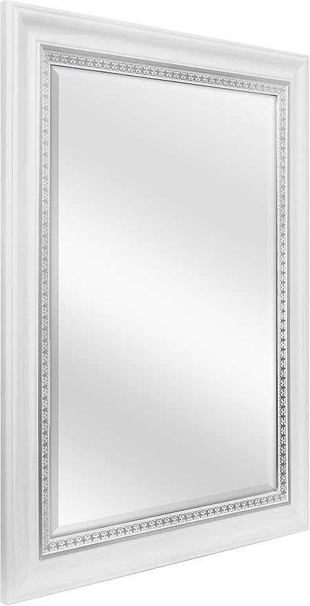MCS 16x20 Large Wall Mirror, White Woodgrained Frame with Silver Embossed Detail & Beveled Detail Mirror, Vertical & Horizontal Wall Hanging Mirror for Bathroom, Bedroom & Livingroom