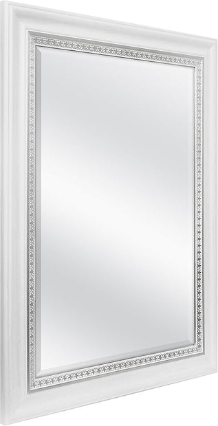 MCS 16x20 Large Wall Mirror, White Woodgrained Frame with Silver Embossed Detail & Beveled Detail Mirror, Vertical & Horizontal Wall Hanging Mirror for Bathroom, Bedroom & Livingroom