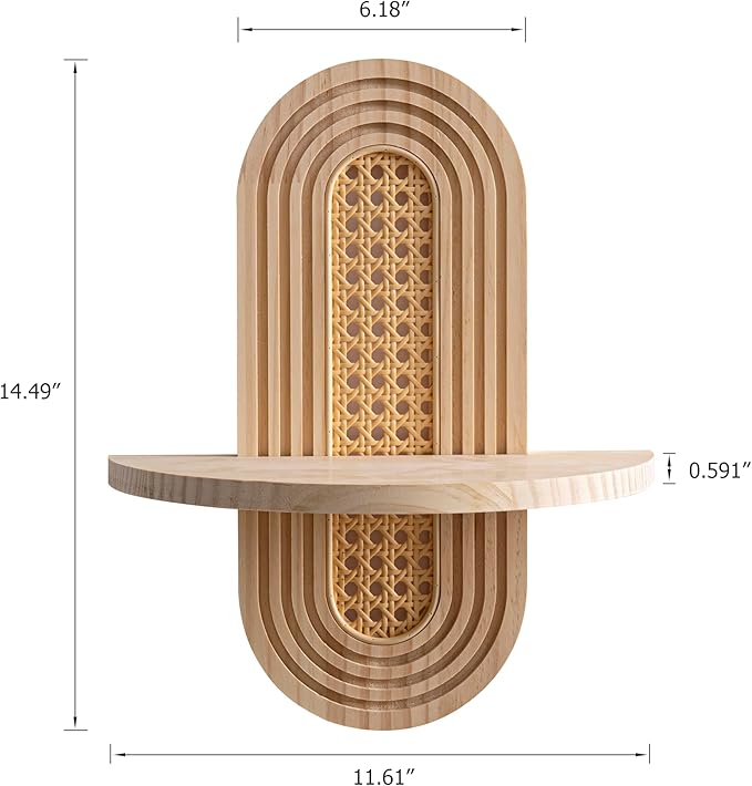 Wooden Arched Floating Shelf - Boho Decor Wall-Mouted Shelves Book Display Rattan Shelf for Bedroom Living Room Bathroom Nursery Home Office 14.5