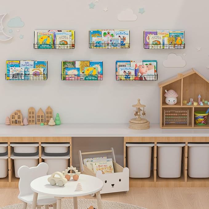 X-cosrack Floating Book Shelves for Wall Kids Bookshelf,Metal Hanging Wall Mounted Shelf for Nursery Toddler, Kids Room, Classroom,Set of 6,Black,2 Sizes