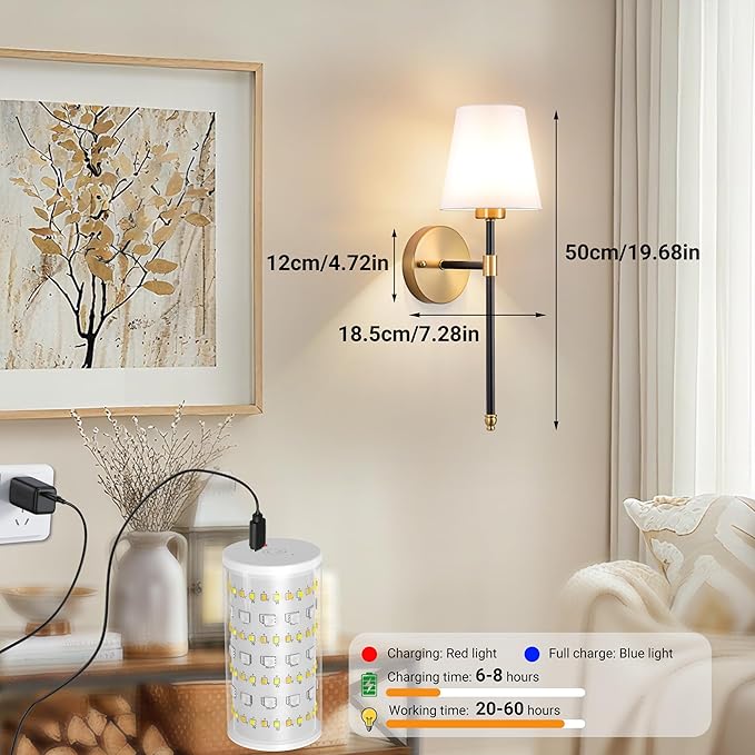 Battery Operated Wall Sconces Set of 2, Wireless Wall Light with 10000mAh RGB Dimmable Magnetic Bulb, Rechargeable Wall Sconce with Remote Control for Bedroom Living Room