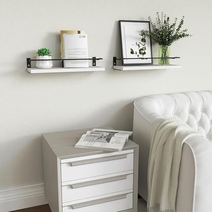 RICHER HOUSE White Bathroom Shelves, Small Floating Wall Mounted Shelf for Bathroom Decor, Guard-Rail Wood Shelving Organizer Over Toilet Kitchen Storage Shelves Set of 2 - White