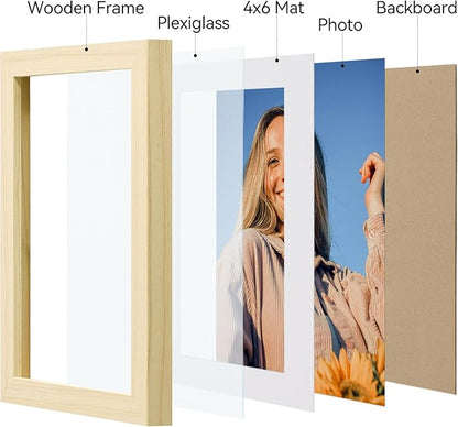 Vittanly 5x7 Picture Frame Set of 4, Display Pictures 4x6 with Mat or 5x7 without Mat, Photo Frames for Wall or Tabletop Display, Engineered Wood with Shatter Resistant Plexiglass, Natural Wood