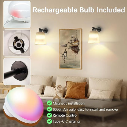 Battery Operated Wall Sconce Set of 2,Gold Rechargeable Wall Lights with Lampshade Dimmable RGB Bulbs and Remote,15 Colors Wireless Wall Lamps for Bedroom Living Room (Black)