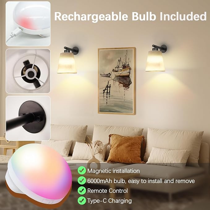 Battery Operated Wall Sconce Set of 2,Gold Rechargeable Wall Lights with Lampshade Dimmable RGB Bulbs and Remote,15 Colors Wireless Wall Lamps for Bedroom Living Room (Black-3P)