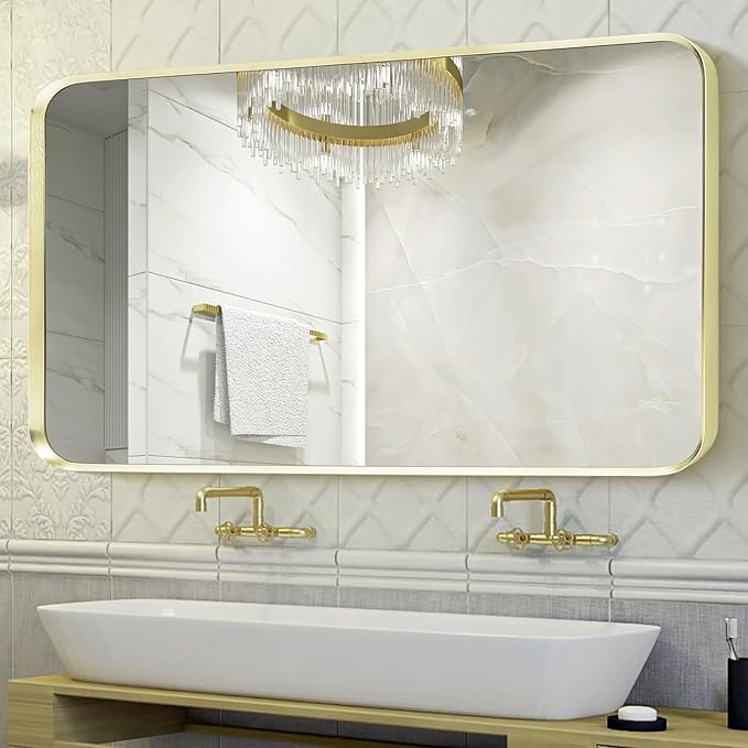 Gold Metal Framed Bathroom Mirror for Wall, Large Brushed Gold Rounded Corner Rectangular Bathroom Vanity Mirror, Anti-Rust, Tempered Glass, Hangs Horizontally or Vertically (30