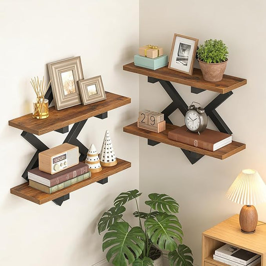 HOOBRO 15" Floating Shelves for Wall, Set of 2 Wall shelf, 2-Tier Hanging Shelves, Wall Mounted Storage Shelf, Display Rack, for Living Room Bedroom Kitchen Bathroom, Rustic Brown and Black BF14BJP201