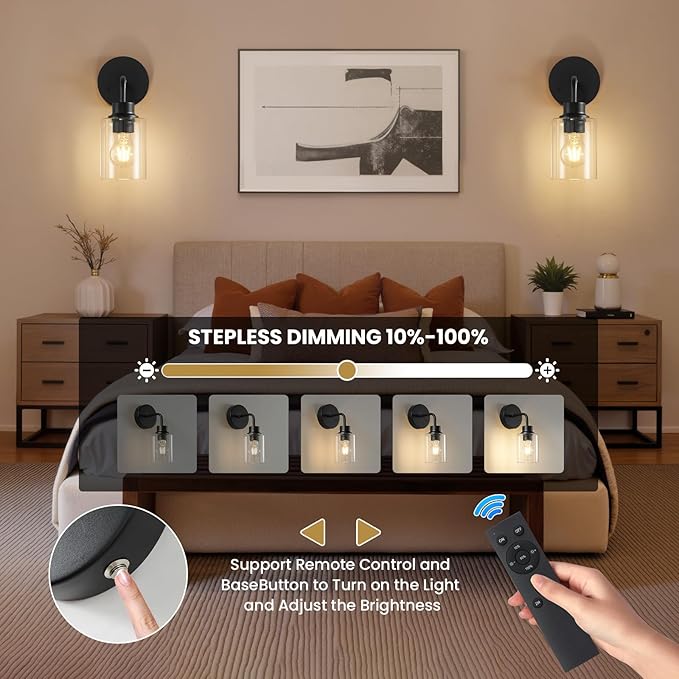 Battery Operated Wall Sconce Set of 2 - Dimmable Wireless Lamps for Wall Rechargeable Sconces Set of 2 with Remote Control, Cordless Battery Powered Wall Lights 3000K for Bathroom Bedroom