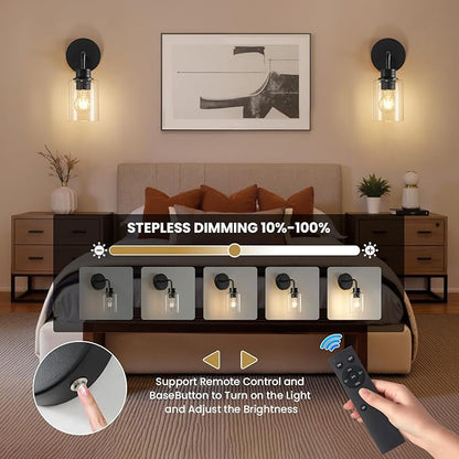 Battery Operated Wall Sconce Set of 2 - Dimmable Wireless Lamps for Wall Rechargeable Sconces Set of 2 with Remote Control, Cordless Battery Powered Wall Lights 3000K for Bathroom Bedroom