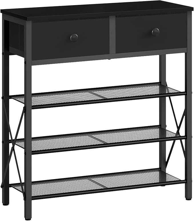 4 Tier Shoe Rack, Large Capacity Shoe Storage Organizer, Metal Shoe Shelf with Drawer and Wooden Top, for 16 Pairs of Shoes, for Entryway, Closet, Black SS24BB