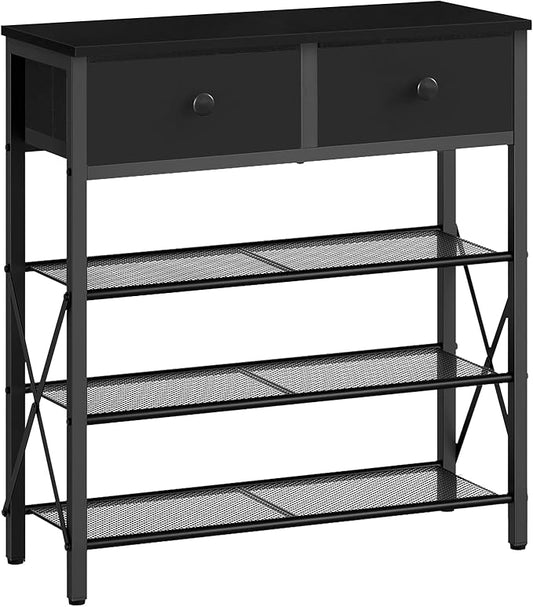 4 Tier Shoe Rack, Large Capacity Shoe Storage Organizer, Metal Shoe Shelf with Drawer and Wooden Top, for 16 Pairs of Shoes, for Entryway, Closet, Black SS24BB