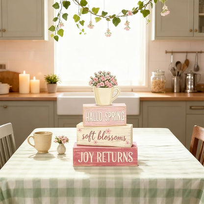Spring Decoration Wooden Tiered Tray Decor – Rustic Hallo Spring Stacked Block Sign with Flower Cup Topper – Farmhouse Tabletop Spring Decor for Living Room Shelf Kitchen Coffee Bar Seasonal Home Display
