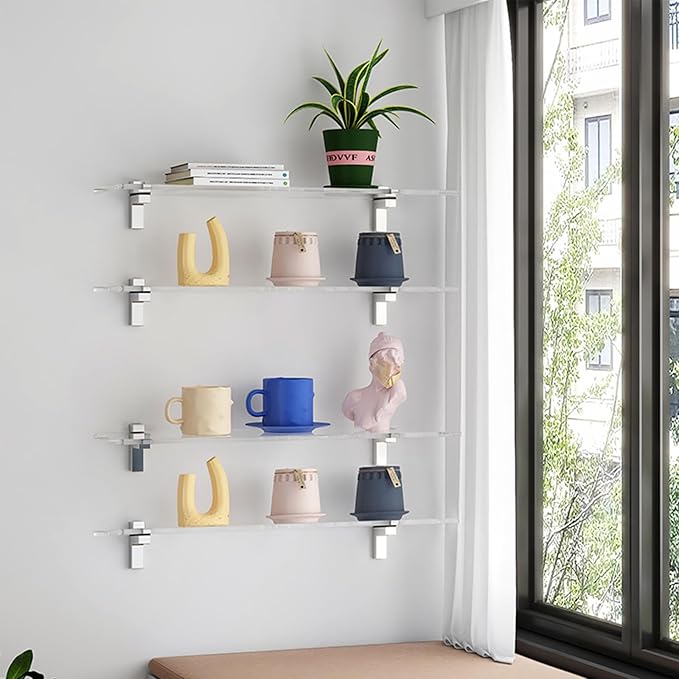 Clear Acrylic Shelf, Set of 2 Invisible Wall Shelves Wall Mounted Display Shelf, Floating Shelves for Bathroom, Bedroom, Living Room, Kitchen, Office (13.8 Inch Set of 4)