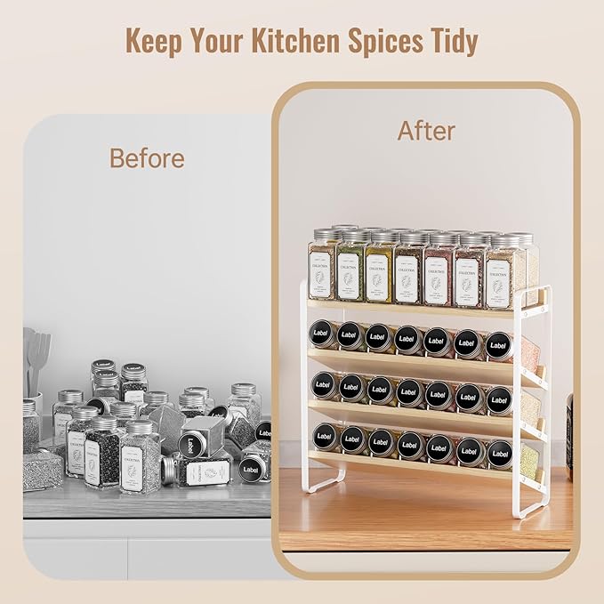 MUDEELA 4 Tier Spice Rack Organizer for Cabinet,Wooden Vertical Spice Shelf, Seasoning Organizer for Countertop, Kitchen, Pantry, Freestanding, 13.4