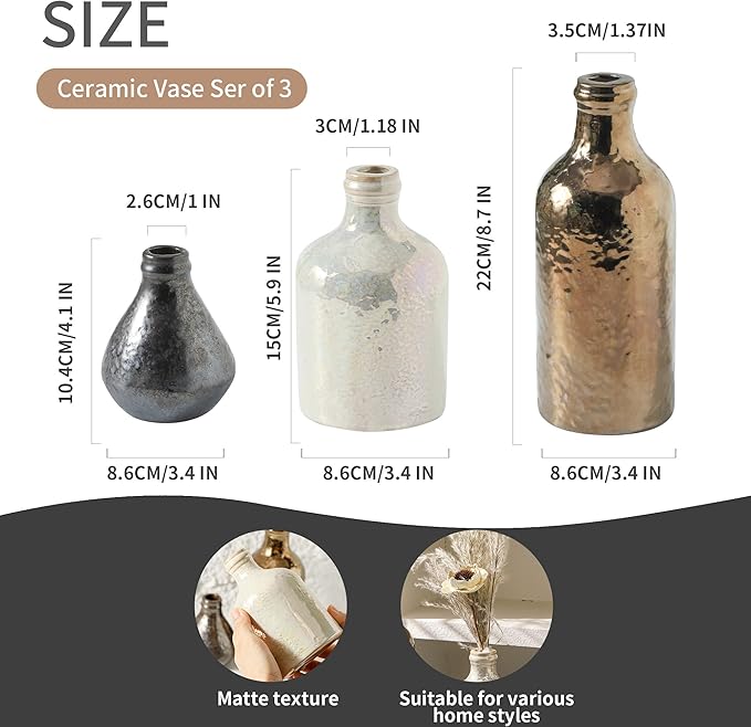 Ceramic Vase Set of 3 | Decorative Vases Home Decor | Flower Pampass Boho Modern Neutral Vase for Living Room, Table, Mantel, Entryway, Bookshelf, Kitchen, Bedroom, Bathroom - Multicolor