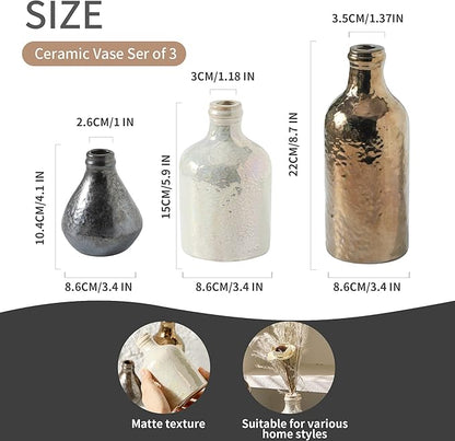 Ceramic Vase Set of 3 | Decorative Vases Home Decor | Flower Pampass Boho Modern Neutral Vase for Living Room, Table, Mantel, Entryway, Bookshelf, Kitchen, Bedroom, Bathroom - Multicolor