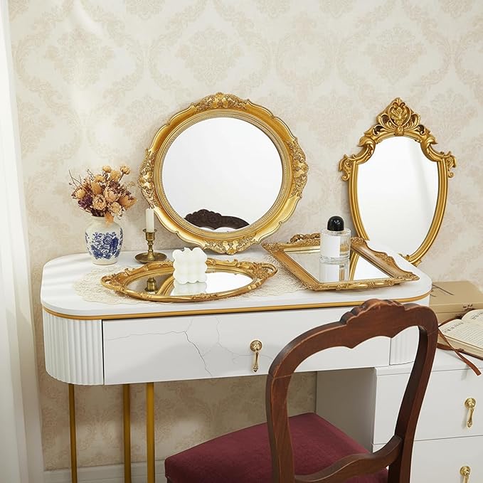 4 Pcs Vintage Gold Mirrors Set Including Small Oval Wall Mirror Antique Shield Shape Square Decorative Mirror Dresser Mirrored Tray for Bedroom Wedding Victorian Decor (Classic,Gold)
