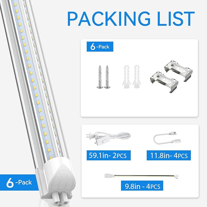 CNSUNWAY LED Shop Lights 2FT, 20W High-Efficiency Under Cabinet Lighting 6500K Cool White, V-Shaped Linkable T8 Shop Light for Workbench, Kitchen, Workshop, Basement, ETL Listed (6 Pack)