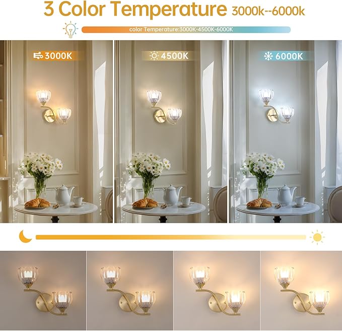 Battery Operated Wall Sconce, 2-Lights Vinatge Brass Wall Lighting with Clear Tluip Shade Rechargeable Bulb with Remote for Living Room, Bedroom
