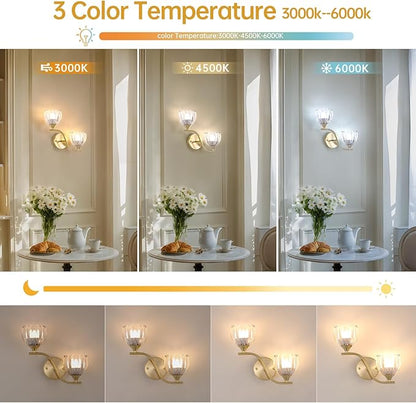 Battery Operated Wall Sconce, 2-Lights Vinatge Brass Wall Lighting with Clear Tluip Shade Rechargeable Bulb with Remote for Living Room, Bedroom