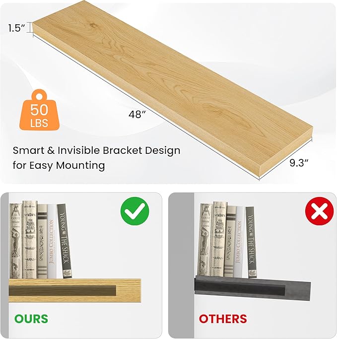 48 Inch Floating Shelves for Wall, Wooden Wall Mounted Display Shelves with Invisible Brackets for Living Room, Bedroom, Bathroom, Kitchen Decor and Storage, Set of 1, Oak