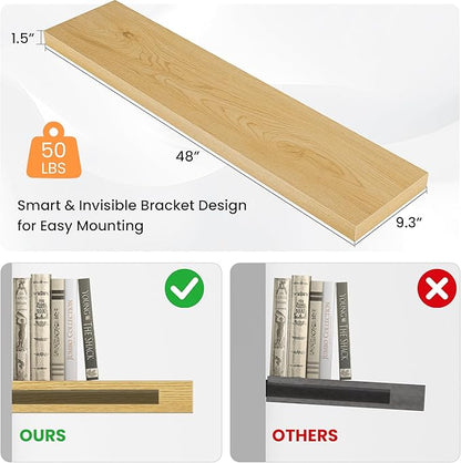 48 Inch Floating Shelves for Wall, Wooden Wall Mounted Display Shelves with Invisible Brackets for Living Room, Bedroom, Bathroom, Kitchen Decor and Storage, Set of 1, Oak