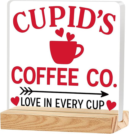 Valentines Coffee Desk Decor, Valentine's Day Gifts for Lover Bar Station, Valentine Home Office Table Sign for Kitchen Shelf Tiered Tray, Cafe Tabletop Decoration to Couples, Coffee Co Love