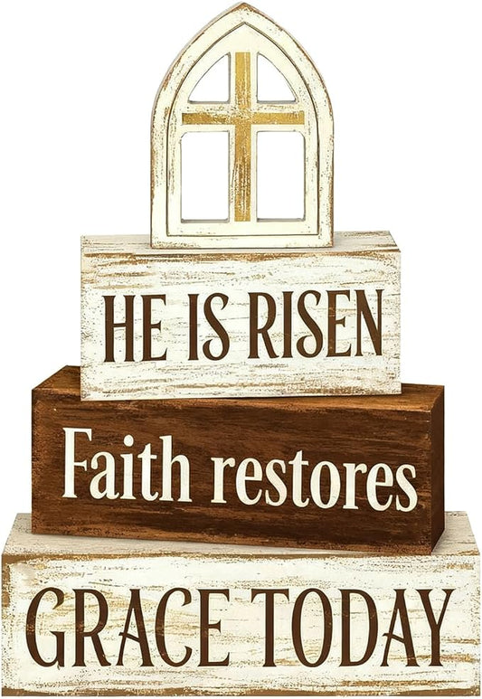 Easter Decorations - He Is Risen Cross Tiered Tray Decor - Faith Restores Grace Today Religious Wooden Tabletop Sign - Farmhouse Easter Christian Home Decor Indoor - Spring Home Decor for Living Room, Kitchen Counter, Seasonal Farmhouse Display