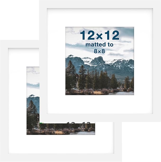 FrameWorks 2-Pack, 12x12 Matted to 8x8 Picture Frame, White – Classic Wooden Photo Frame with Tempered Glass, Modern Matte Finish for Prints, Posters, Certificates & Wall Decor – Gallery-Ready