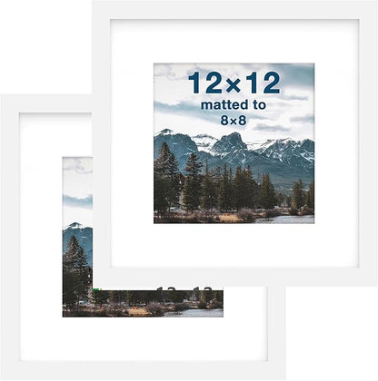 FrameWorks 2-Pack, 12x12 Matted to 8x8 Picture Frame, White – Classic Wooden Photo Frame with Tempered Glass, Modern Matte Finish for Prints, Posters, Certificates & Wall Decor – Gallery-Ready