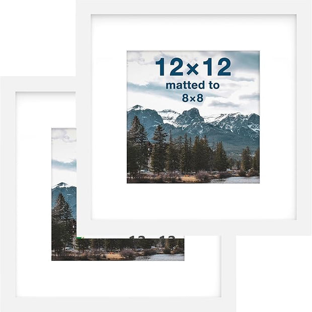 FrameWorks 2-Pack, 12x12 Matted to 8x8 Picture Frame, White – Classic Wooden Photo Frame with Tempered Glass, Modern Matte Finish for Prints, Posters, Certificates & Wall Decor – Gallery-Ready