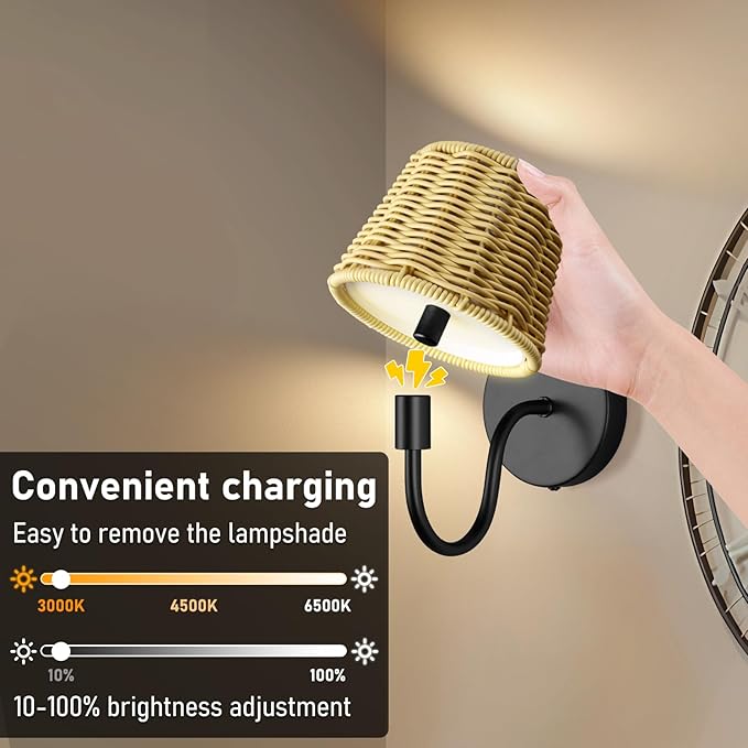Battery Operated Wall Sconce Set of 2, Rechargeable Wireless Sconces with Dimmable Detachable Magnetic Bulbs and Remote, 3 Colors Wall Lights for Bedroom Living Room Hallway Fireplace