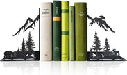 Mountain Forest Book Ends Decorative for Shelves, Cute Metal Bookends for Heavy Books, Unique Laser Cut Book Holders, Black Book Stopper for Home Office, Decorative Bookends for Shelf Decor