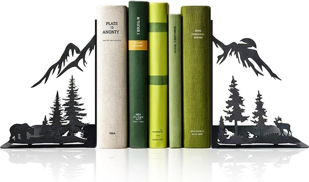 Mountain Forest Book Ends Decorative for Shelves, Cute Metal Bookends for Heavy Books, Unique Laser Cut Book Holders, Black Book Stopper for Home Office, Decorative Bookends for Shelf Decor