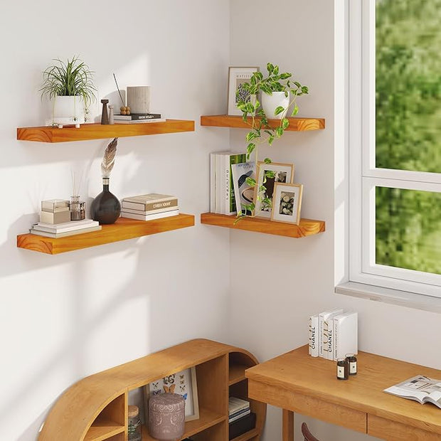 Fun Memories Floating Shelves, 9.3'' Deep Solid Pine Wood Wall Shelves for Storage, Wall Mounted Display Shelf with Invisible Heavy-Duty Metal Bracket, 36'' Width Set of 2, Honey Oak