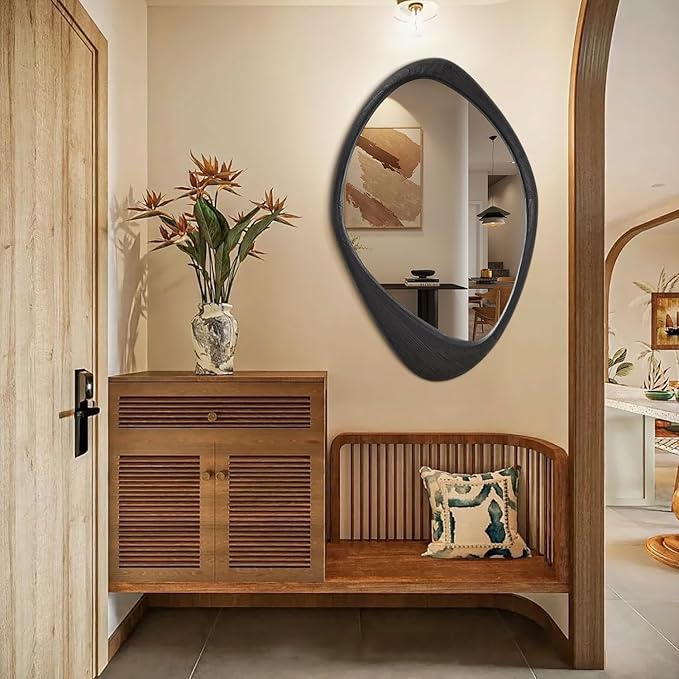 AAZZKANG Black Mirror with Wood Frame Large Irregular Wall Mounted Mirrors Asymmetrical Decorative for Bathroom Bedroom Living Room Entryway 28"x20"