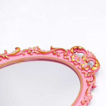 2PACK - Vintage Decorative Pink Framed Mirror, Wall Hanging Mirrors & Tabletop Tray for Bedroom Living Room Dresser Decor, Oval- 9.6" W x 14.3" L (PINK-2PACK)