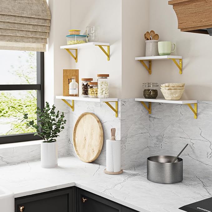 YGEOMER Floating Shelves for Wall, Different Sizes White Wall Shelves for Living Room, Bathroom, Bedroom, Kitchen, Home Decor (Set of 4)