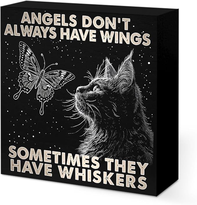 Black Cat Themed Gifts Wood Box Sign, Angels Don't Always Have Wings Sometimes They Have Whiskers, Woods Table Decorative Signs for Office Home Tabletop Shelf Decoration, Cat Lovers Gift for Women