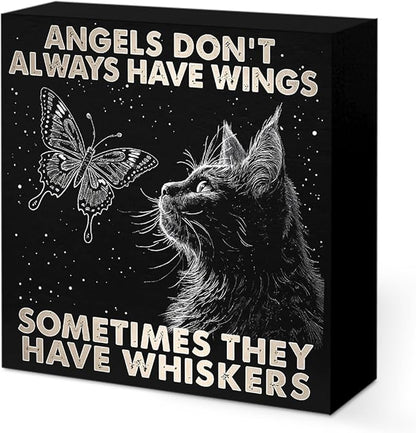 Black Cat Themed Gifts Wood Box Sign, Angels Don't Always Have Wings Sometimes They Have Whiskers, Woods Table Decorative Signs for Office Home Tabletop Shelf Decoration, Cat Lovers Gift for Women