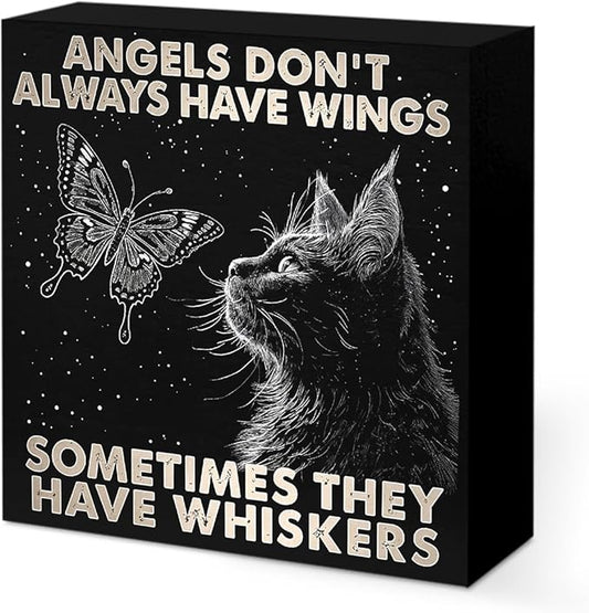 Black Cat Themed Gifts Wood Box Sign, Angels Don't Always Have Wings Sometimes They Have Whiskers, Woods Table Decorative Signs for Office Home Tabletop Shelf Decoration, Cat Lovers Gift for Women