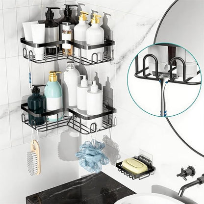 Moforoco Corner Shower Caddy Shelf Organizer Rack, Self Adhesive Black Bathroom Shelves Basket, Home Wall Shower Inside Organization and Storage Decor Rv Accessories, First Apartment Essentials(Black)