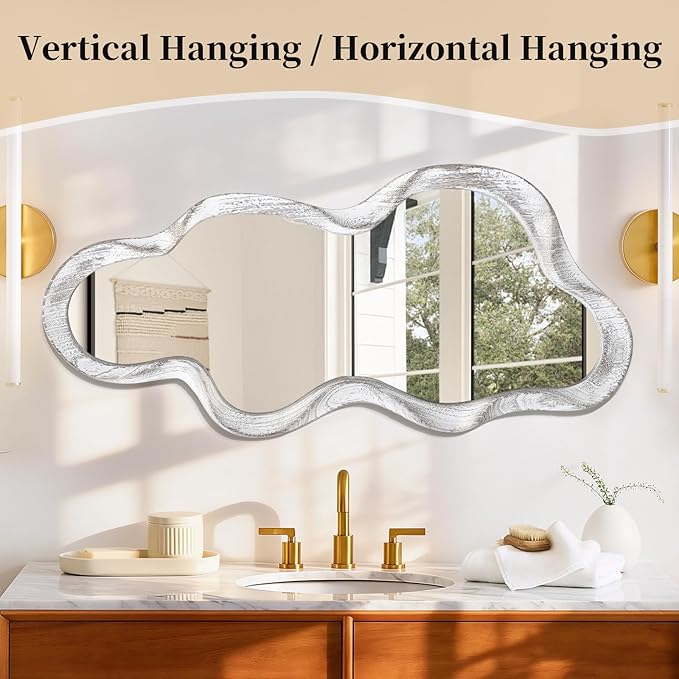 Large Asymmetrical Wall Mirror Irregular Wood Frame Modern Unique Wall-Mounted Artistic Wavy Mirror Decor Bathroom Vanity Bedroom Living Room Entryway Hallway 120x55cm Natural